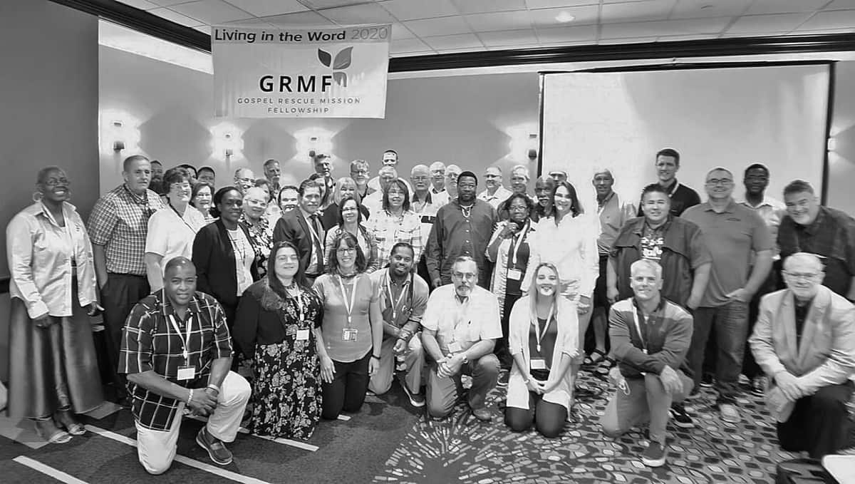 Black-and-white group photo of GRMF Conference 2020 attendees in Branson, Missouri