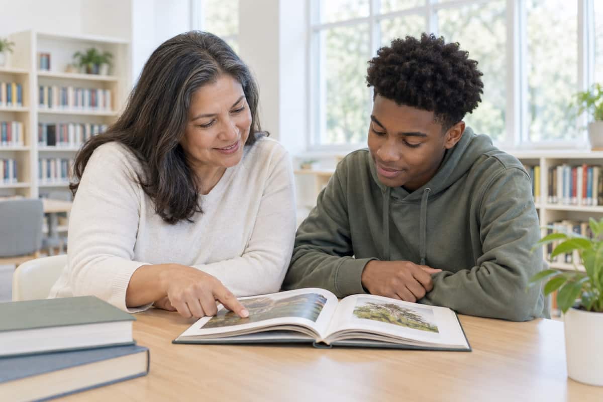 A volunteer tutor and a teenager reading together in a bright library